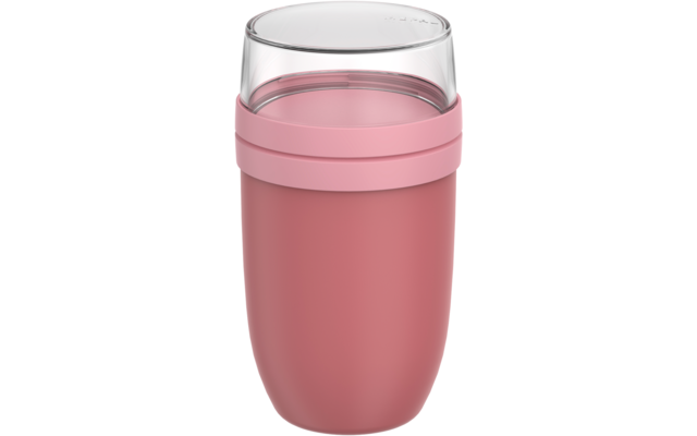 Rosa wiederverwendbarer Becher mit matter Unterseite, hellrosa Silikonband und transparentem Deckel