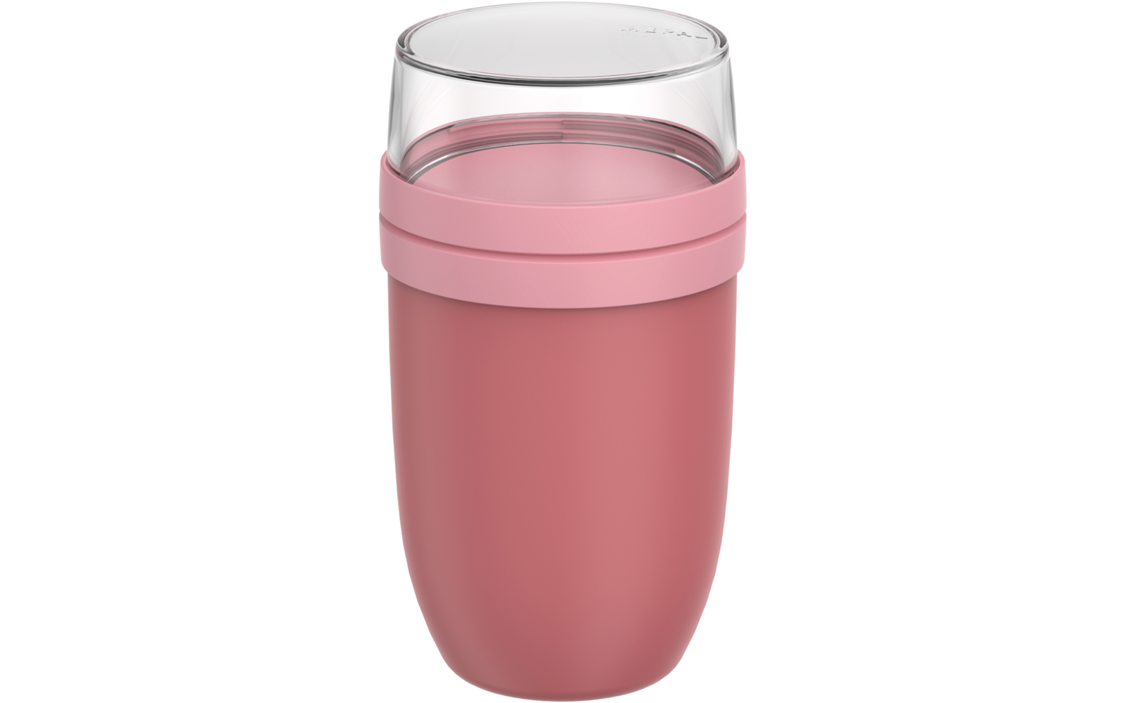 Rosa wiederverwendbarer Becher mit matter Unterseite, hellrosa Silikonband und transparentem Deckel