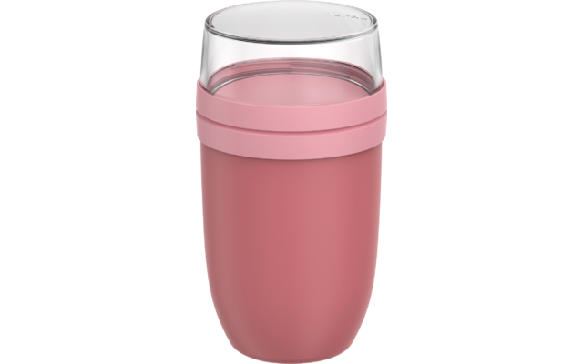 Rosa wiederverwendbarer Becher mit matter Unterseite, hellrosa Silikonband und transparentem Deckel