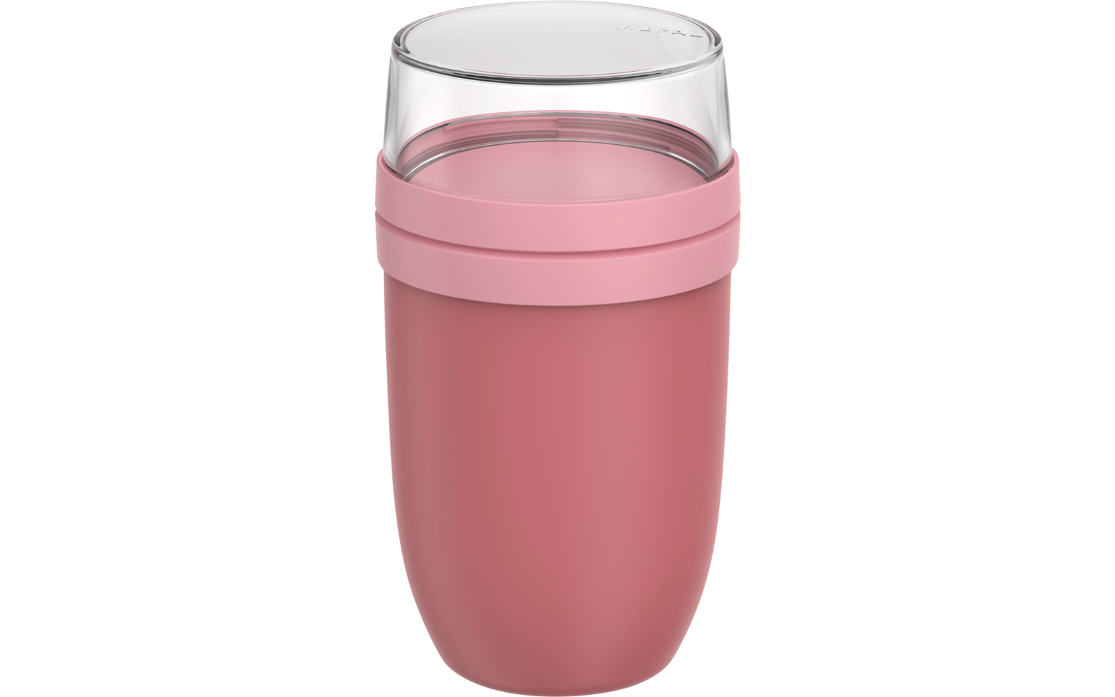 Rosa wiederverwendbarer Becher mit matter Unterseite, hellrosa Silikonband und transparentem Deckel