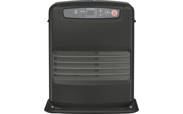 Black rectangular device with digital display "20:20", top control panel with buttons labeled MODE, +, −, TIMER, ON/OFF and a lock icon, red ON/OFF button, large vent with horizontal slats