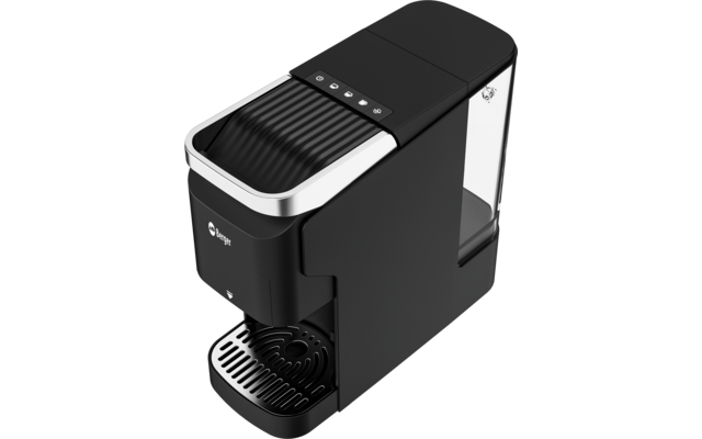 Schwarze Kapsel-Kaffeemaschine mit silberner Umrandung, Tasten oben, Tropfschale vorne und transparentem Wassertank rechts
