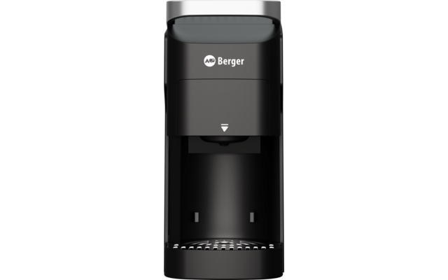 Schwarze kompakte Kaffeemaschine mit silberner Abdeckung oben, Berger-Logo auf der Vorderseite, Ausgabebereich und Abtropfschale sichtbar