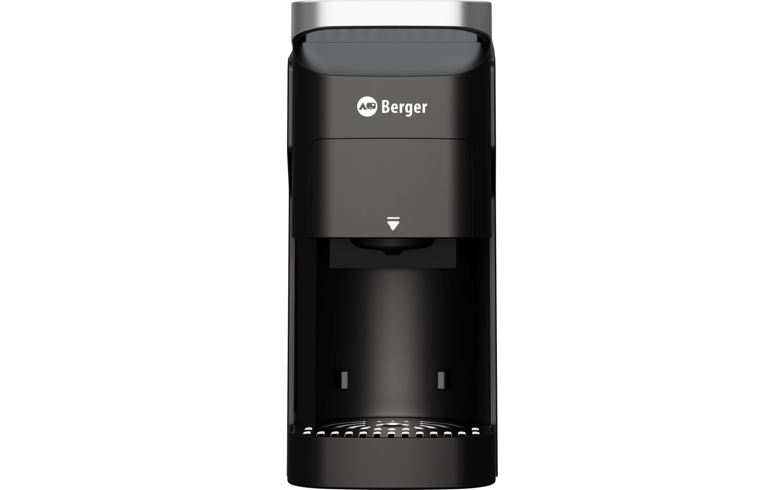 Schwarze kompakte Kaffeemaschine mit silberner Abdeckung oben, Berger-Logo auf der Vorderseite, Ausgabebereich und Abtropfschale sichtbar