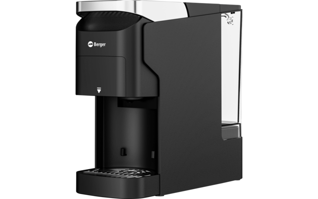 Schwarze Kaffeemaschine mit transparentem Wassertank rechts und Tropfschale vorne