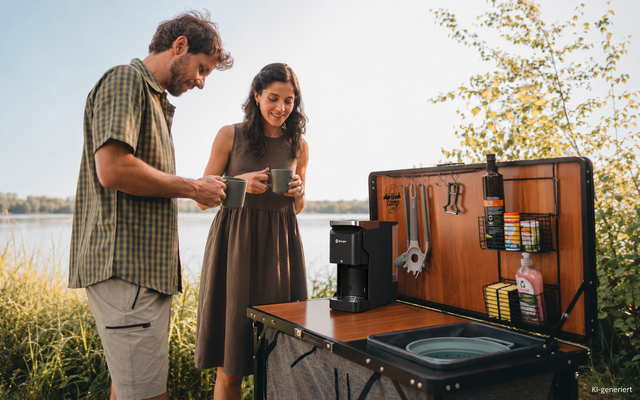 Ein Mann und eine Frau stehen an einem mobilen Camping-Küchenmodul am Ufer und halten Tassen; auf der Arbeitsfläche stehen eine Kaffeemaschine, Küchenutensilien und Vorratsdosen