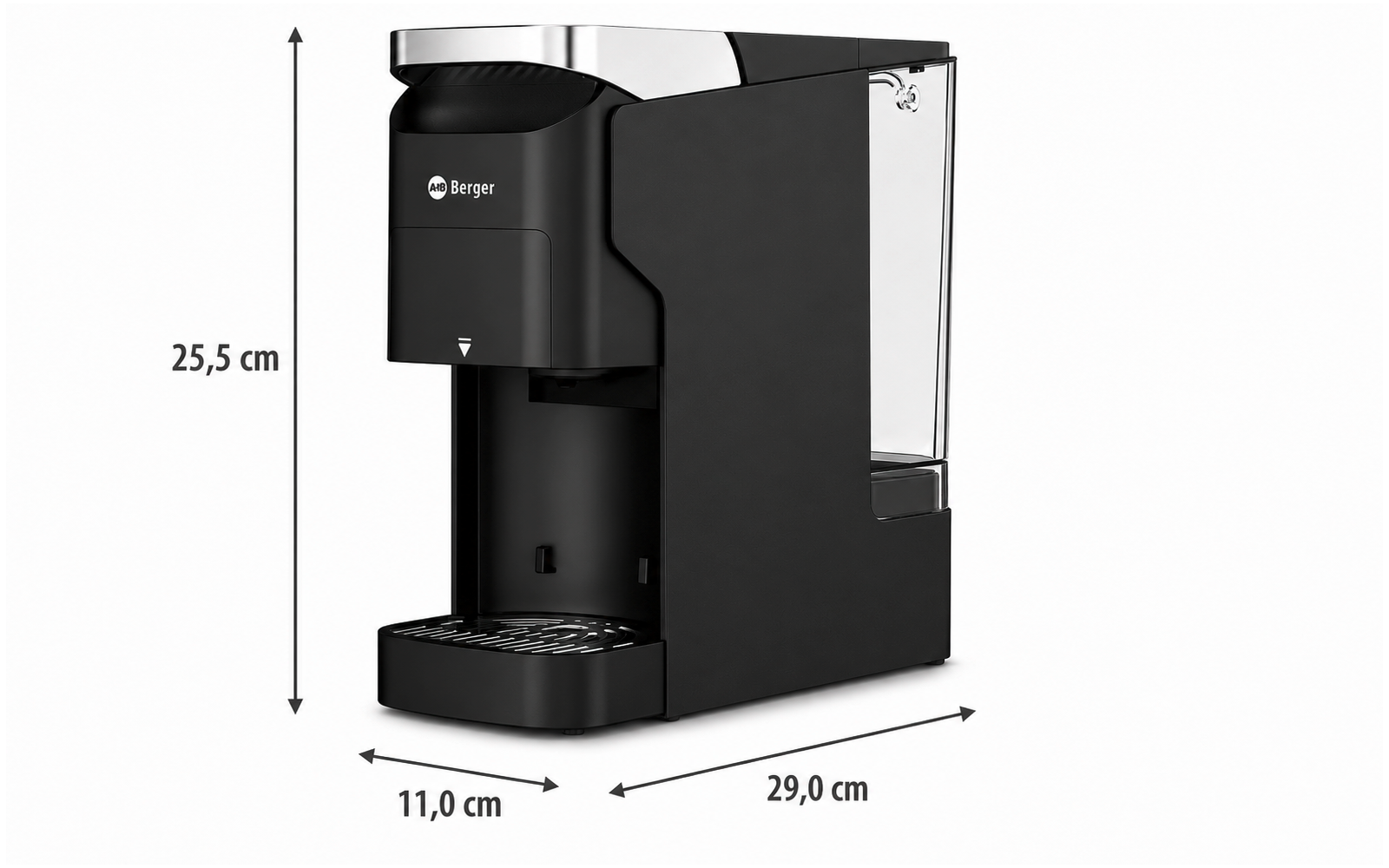 Schwarze Kaffeemaschine mit transparentem Wassertank rechts und Abtropfschale vorne; Maßlinien mit 25,5 cm, 11,0 cm und 29,0 cm