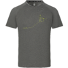 Graues kurzärmeliges T‑Shirt mit rundem Ausschnitt, hellgrünem Linienmotiv auf der Brust (stehende Figur mit Rucksack, Bergsilhouette, geschwungene Linie) und kleinen weißen Logos am Kragen und Ärmel
