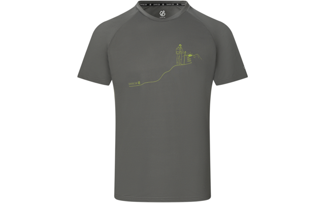 Graues kurzärmeliges T‑Shirt mit rundem Ausschnitt, hellgrünem Linienmotiv auf der Brust (stehende Figur mit Rucksack, Bergsilhouette, geschwungene Linie) und kleinen weißen Logos am Kragen und Ärmel