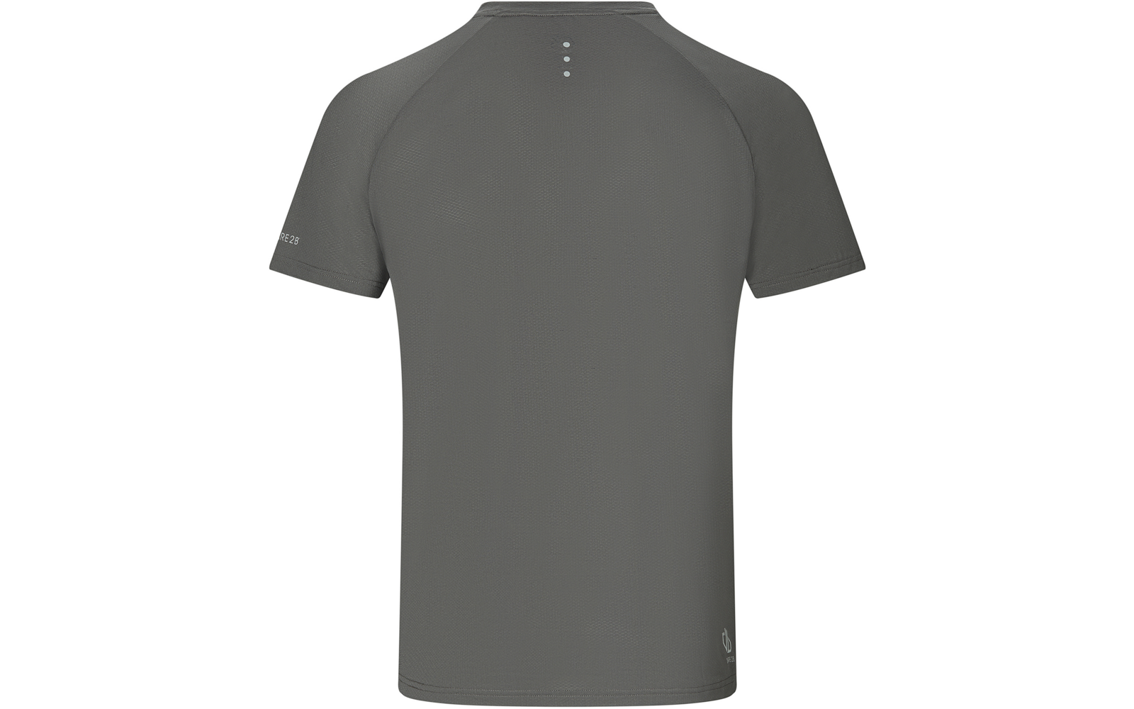 Graues kurzärmeliges T‑Shirt, Rückansicht, Raglan‑Nähte, drei kleine reflektierende Punkte in vertikaler Reihe am oberen Rücken, kleines weißes Logo unten rechts am Rücken, kleiner weißer Schriftzug am linken Ärmel