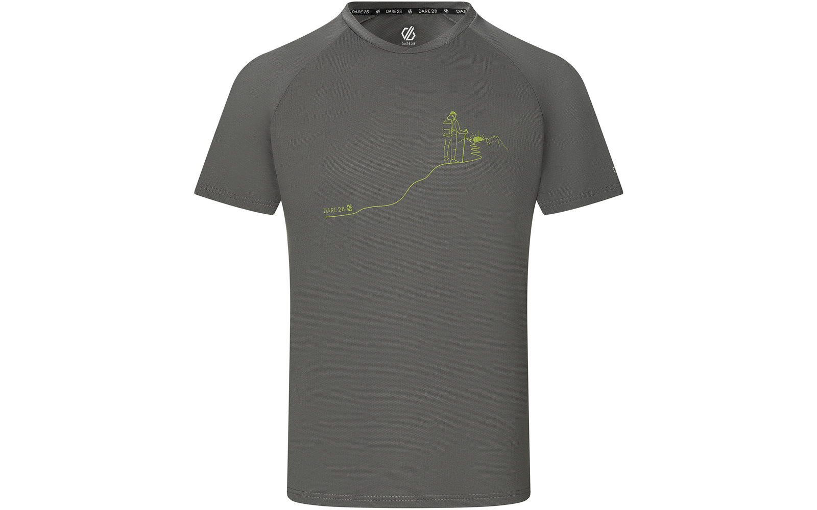 Graues kurzärmeliges T‑Shirt mit rundem Ausschnitt, hellgrünem Linienmotiv auf der Brust (stehende Figur mit Rucksack, Bergsilhouette, geschwungene Linie) und kleinen weißen Logos am Kragen und Ärmel