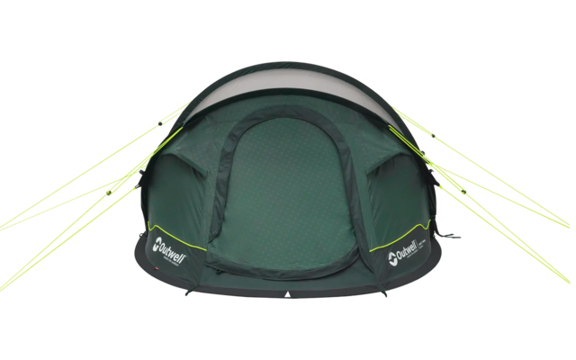 Grünes Campingzelt mit geöffnetem Eingang auf hellem Untergrund