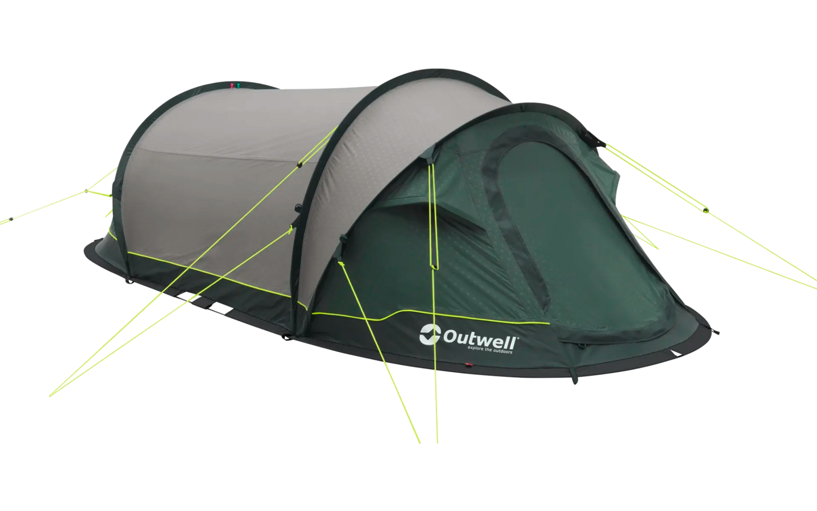 Grünes Campingzelt mit grauem Vordach auf weißem Hintergrund