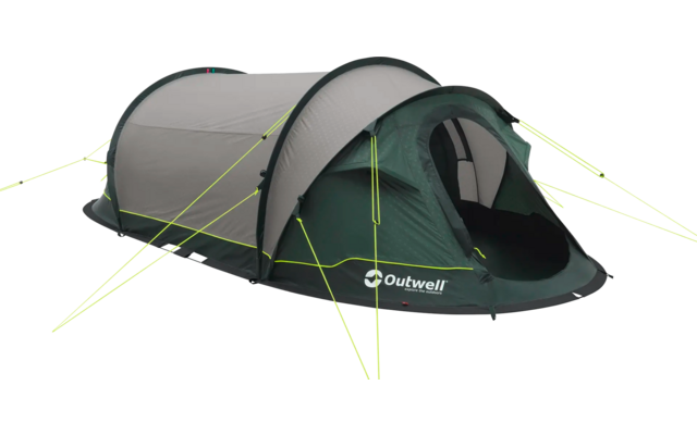 Grünes Tunnelzelt mit aufgestelltem Eingang