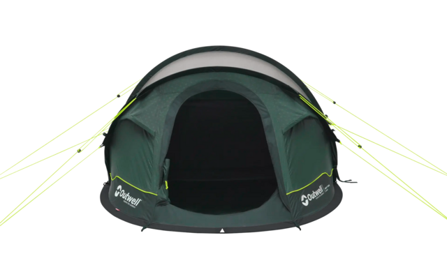 Ein dunkelgrünes Zelt mit schwarzem Eingang auf hellem Hintergrund