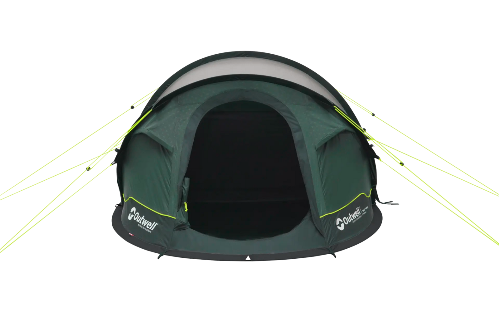 Ein dunkelgrünes Zelt mit schwarzem Eingang auf hellem Hintergrund