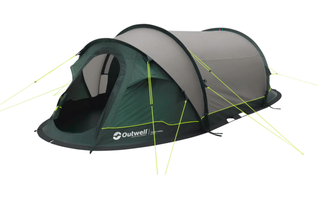 Grünes Tunnelzelt mit grauem Dach und Eingang geöffnet