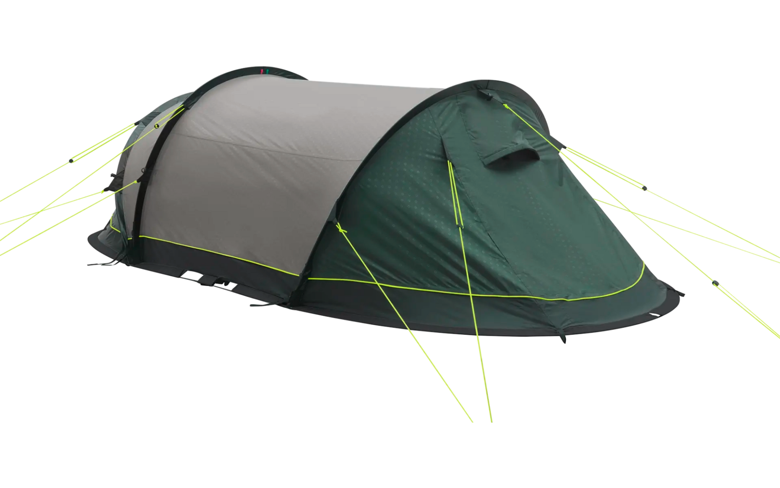 Grünes und graues Ein-Personen-Zelt auf weißem Hintergrund