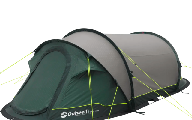 Tenda da campeggio verde con struttura grigia su sfondo bianco