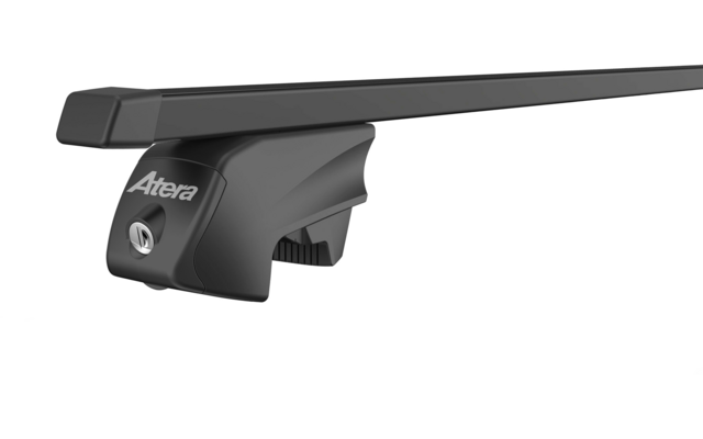 Barre transversale de galerie de toit noire avec pied de fixation, logo Atera et serrure sur fond blanc