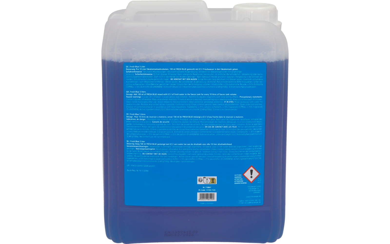 Large blue plastic container with white lid