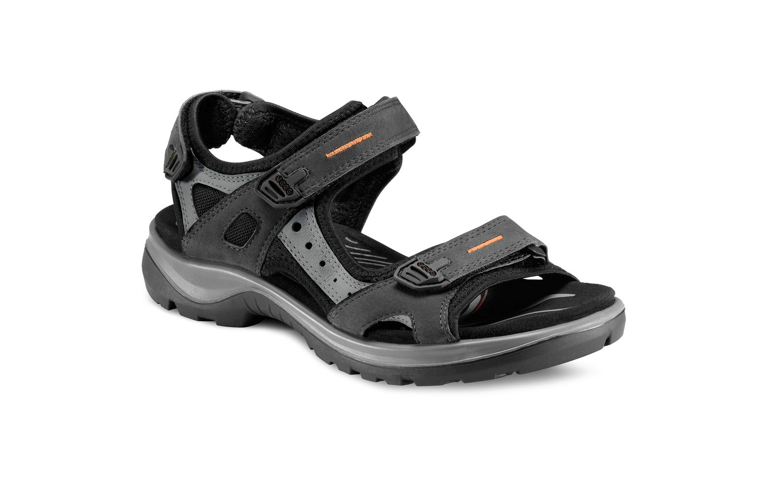 Schwarze-graue Outdoor-Sandale mit offener Spitze, drei verstellbaren Klettverschlüssen (zwei Riemen über dem Fuß, ein Fersenriemen), orangefarbene Details, profilierte Gummisohle