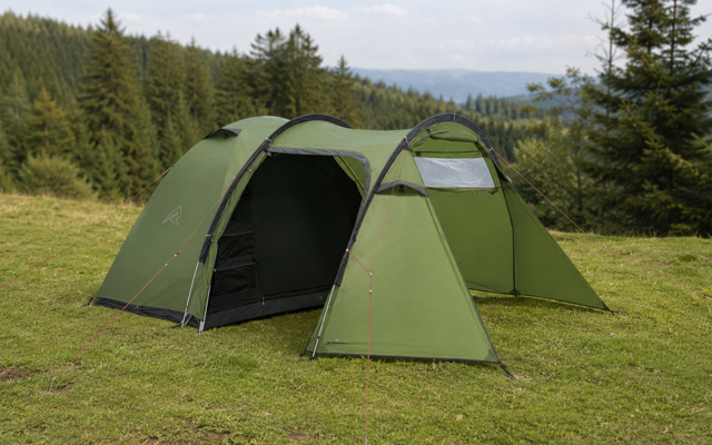 Tenda verde con due scomparti collegati e ingresso aperto su una radura erbosa, con conifere e colline sullo sfondo