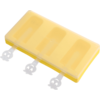 Molde rectangular amarillo para helados de palito con tapa translúcida, tres cavidades y tres palitos blancos con mangos redondeados