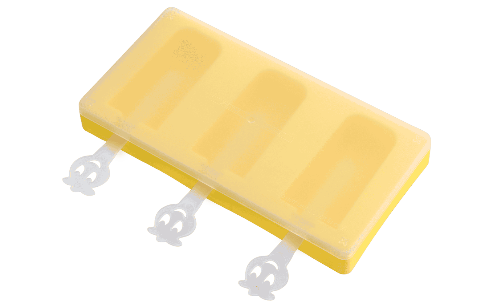 Molde rectangular amarillo para helados de palito con tapa translúcida, tres cavidades y tres palitos blancos con mangos redondeados