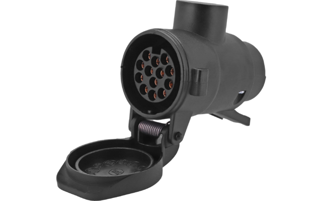 Black round multi-pin plastic socket with several gold-colored contacts, open hinged cap and cylindrical housing