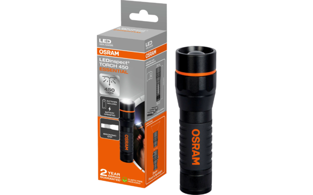 Verpackung einer schwarzen Taschenlampe mit orangefarbenen Akzenten