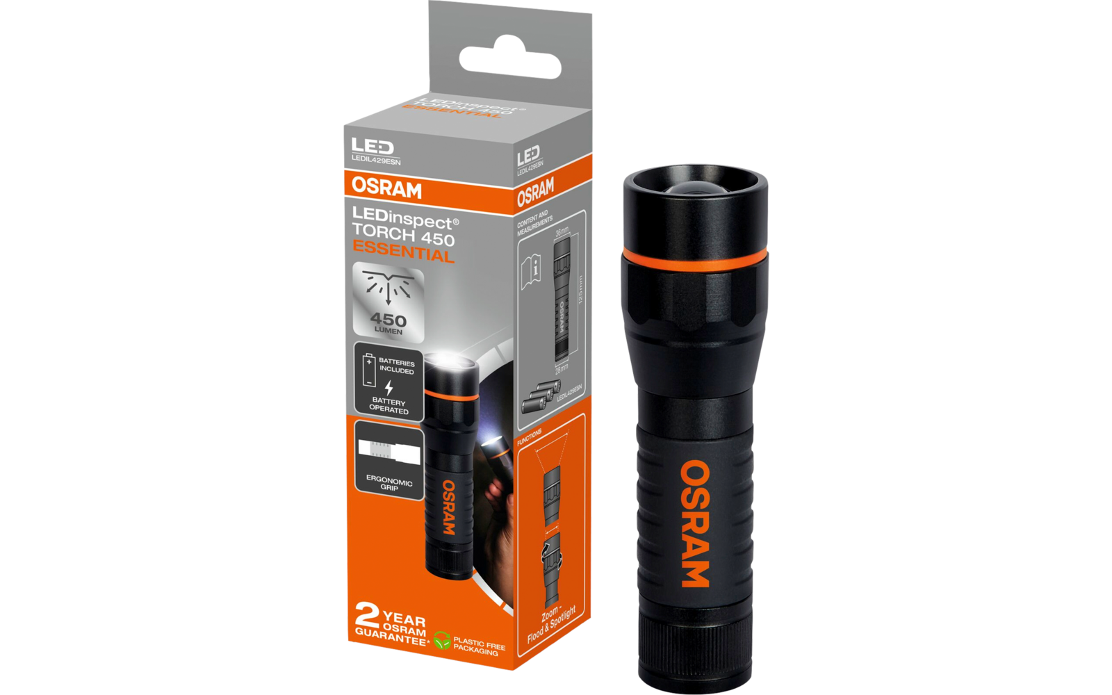 Verpackung einer schwarzen Taschenlampe mit orangefarbenen Akzenten
