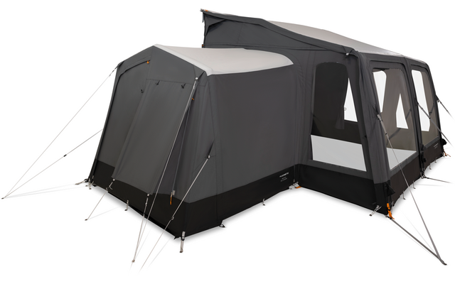Großes graues Zelt mit angebautem Vorraum, mehreren Fenstern und Abspannleinen auf weißem Hintergrund