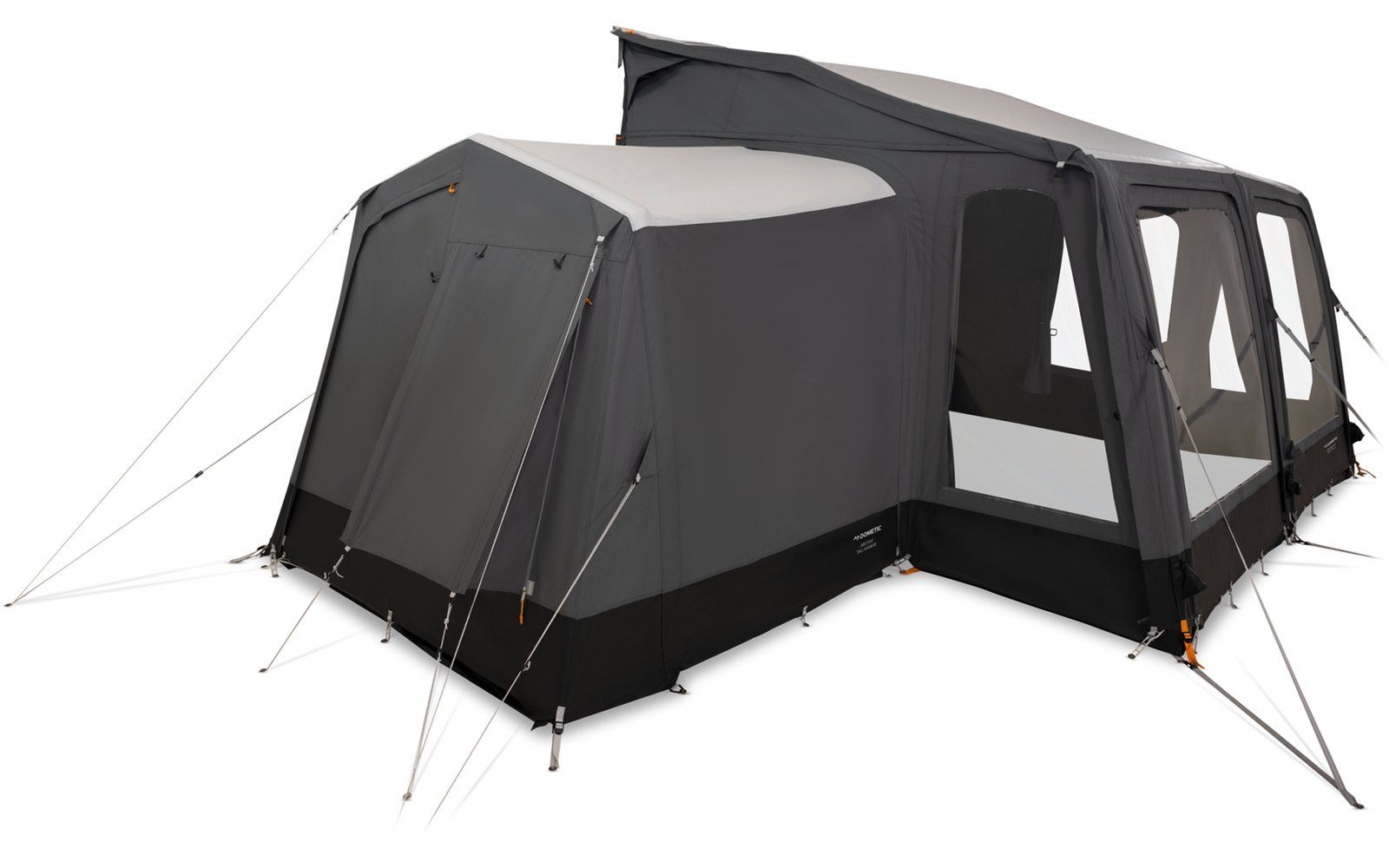 Großes graues Zelt mit angebautem Vorraum, mehreren Fenstern und Abspannleinen auf weißem Hintergrund