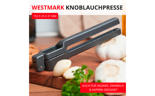 Presse à ail grise en métal sur une planche en bois, avec gousses d'ail, deux têtes d'ail et du persil ; bandeau rouge en haut avec l'inscription 'WESTMARK KNOBLAUCHPRESSE' et indication de taille, encart rouge en bas à droite avec texte