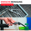 Texte rouge 'EINFACHE REINIGUNG' et étiquette rouge 'SPÜLMASCHINENGEEIGNET'. Haut : pince métallique dans le panier ouvert d'un lave-vaisselle. Bas : main tenant une pince de cuisine noire sous l'eau courante au-dessus d'un évier, éponges colorées en arrière-plan