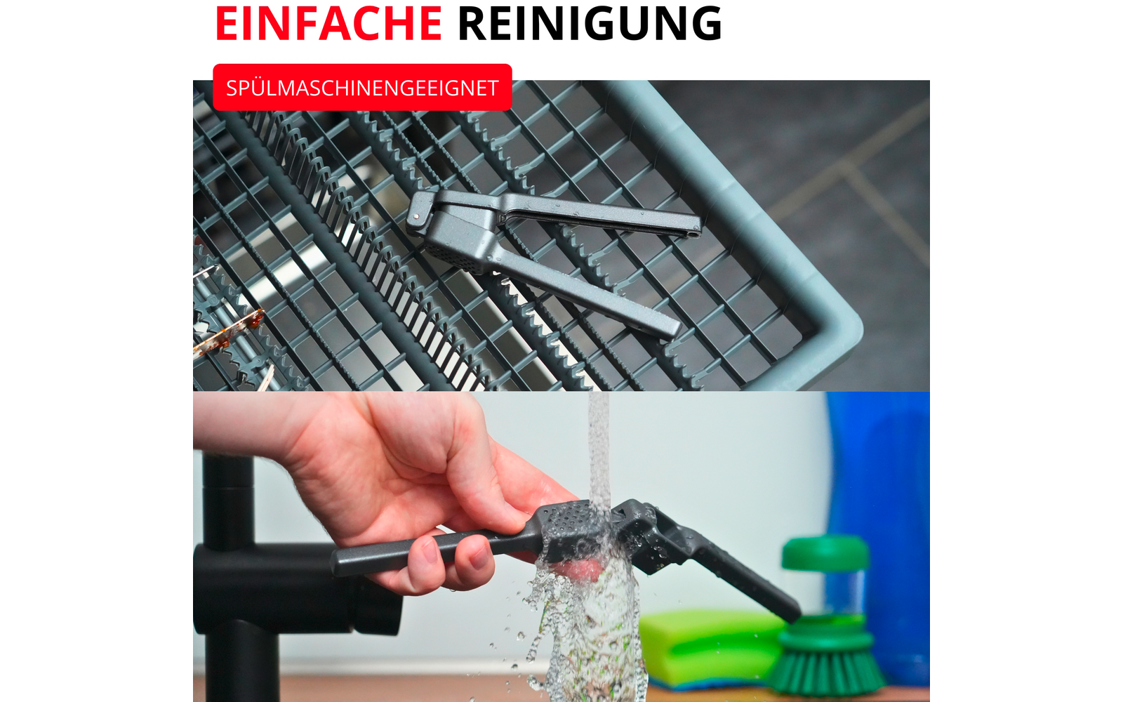 Texte rouge 'EINFACHE REINIGUNG' et étiquette rouge 'SPÜLMASCHINENGEEIGNET'. Haut : pince métallique dans le panier ouvert d'un lave-vaisselle. Bas : main tenant une pince de cuisine noire sous l'eau courante au-dessus d'un évier, éponges colorées en arrière-plan