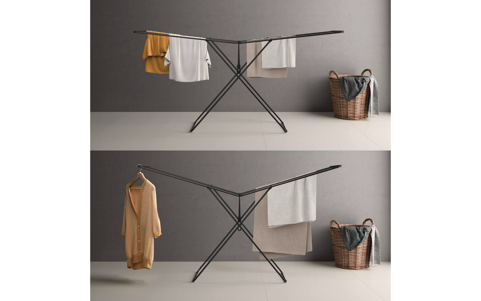 Gesplitst beeld met twee aanzichten van een zwart, inklapbaar droogrek met X-vormige poten voor een grijze muur. Aan het rek hangt een gele cardigan aan een hanger en witte en beige handdoeken of kleding. Rechts staat een rieten wasmand met een grijs doek erop
