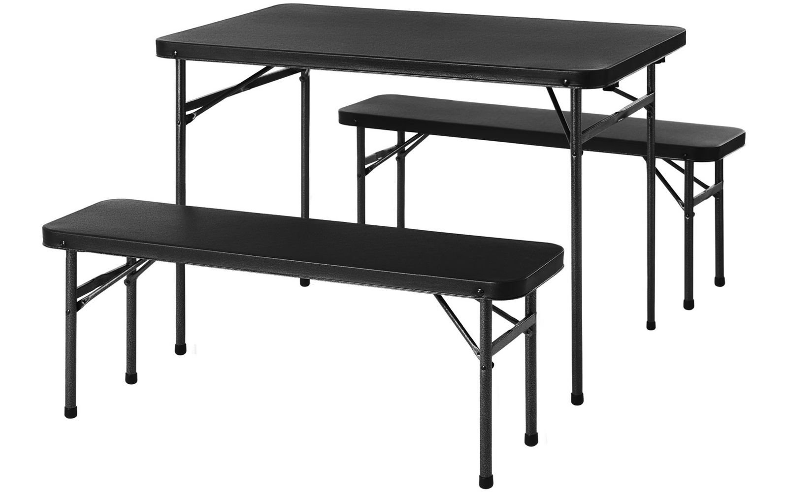 Schwarzer Klapptisch mit zwei schwarzen Klappbänken