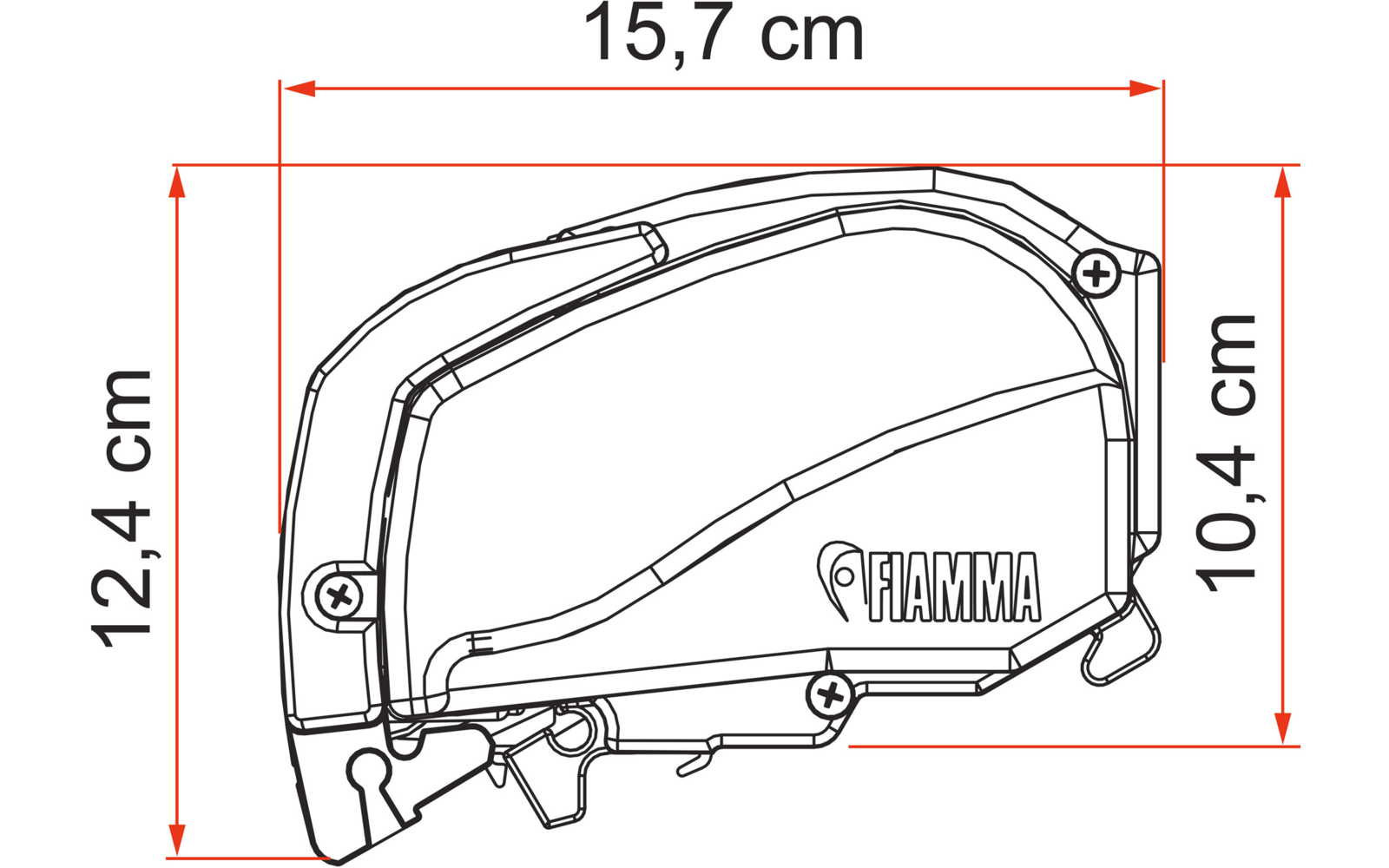 Dibujo técnico de un dispositivo de asa negro con patrones y medidas en centímetros
