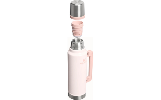 Hellrosa Flasche mit seitlichem Henkel, oben silberner Becher als Deckel, rosa geschraubter Verschluss separat sichtbar, Edelstahlboden