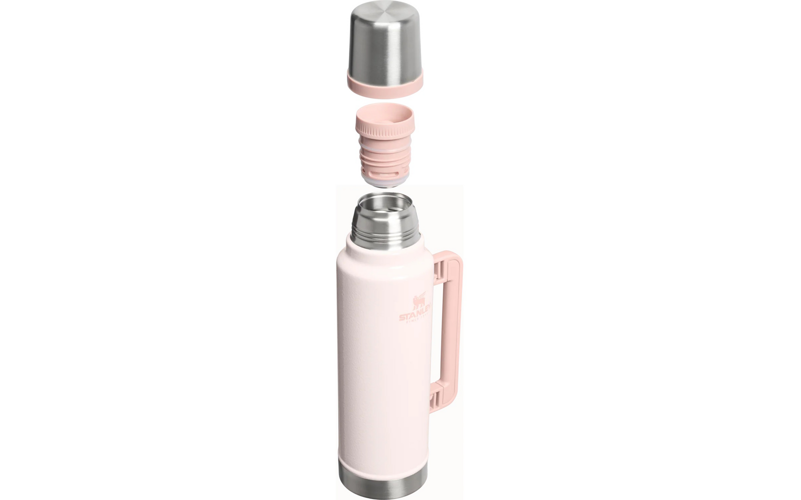 Hellrosa Flasche mit seitlichem Henkel, oben silberner Becher als Deckel, rosa geschraubter Verschluss separat sichtbar, Edelstahlboden