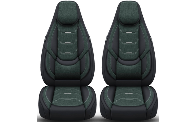 Zwei identische Sitze nebeneinander, dunkelgrün bezogen mit schwarzen Seitenpartien und integrierten Kopfstützen