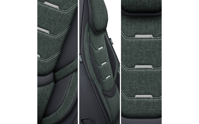 Drei vertikale Bildabschnitte mit grün meliertem Stoffbezug, sichtbaren weißen Ziernähten, schwarzen gepolsterten Kanten und drei schmalen horizontalen grauen Stofföffnungen