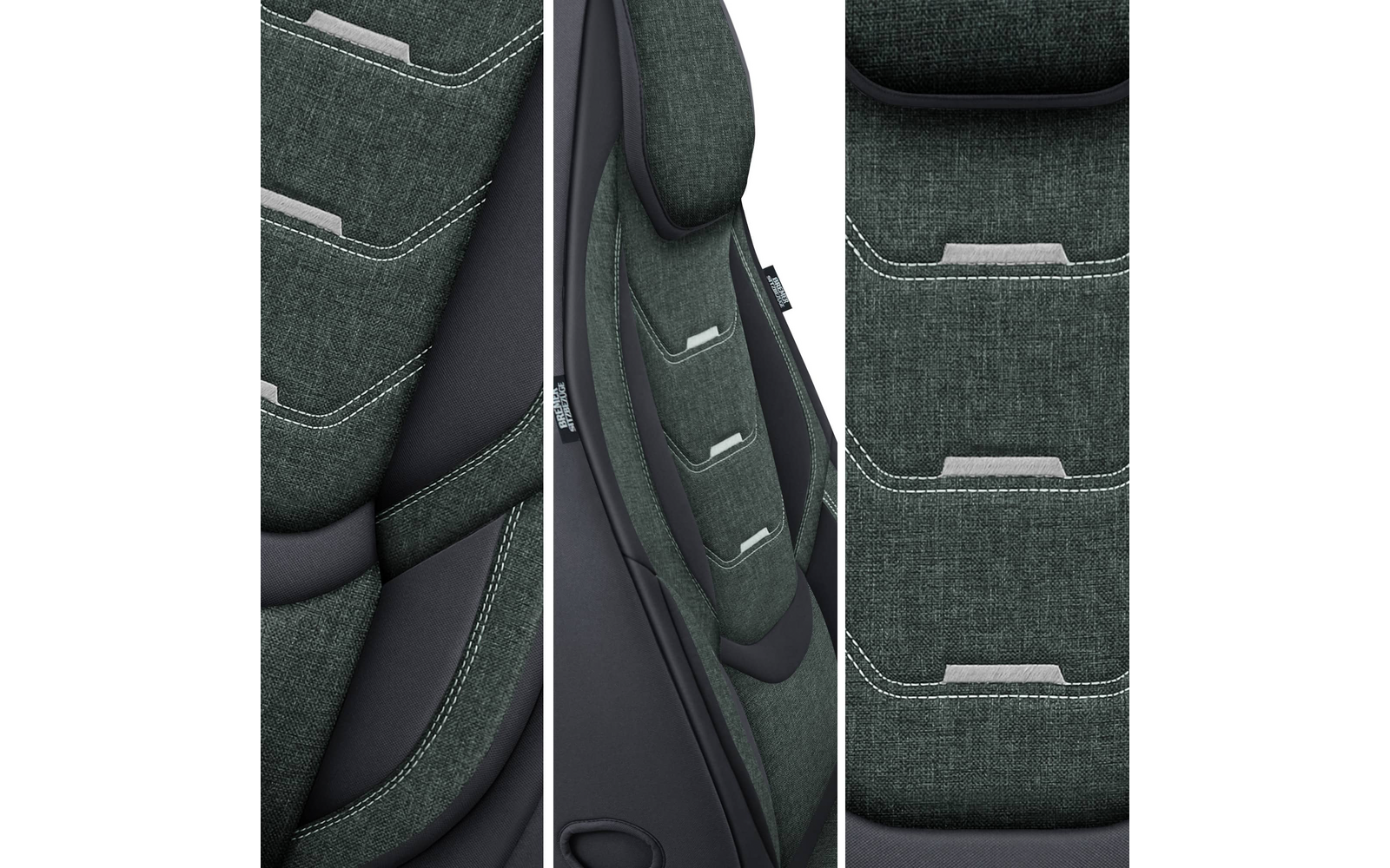 Drei vertikale Bildabschnitte mit grün meliertem Stoffbezug, sichtbaren weißen Ziernähten, schwarzen gepolsterten Kanten und drei schmalen horizontalen grauen Stofföffnungen