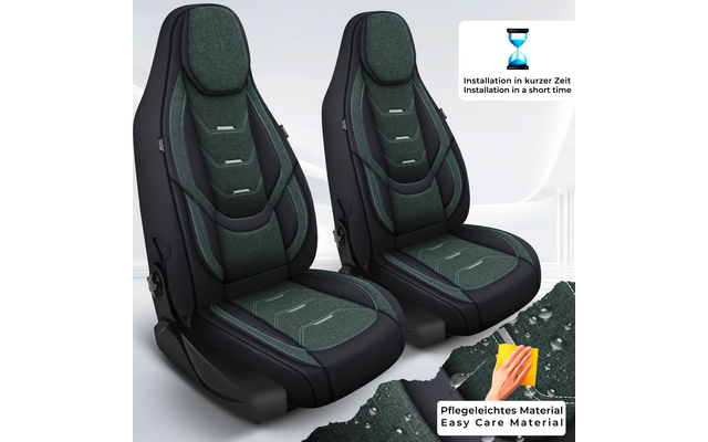 Zwei Autositze mit dunkelgrünen, gepolsterten Sitzbezügen und schwarzer Kunststoffbasis; oben rechts Einblendung mit Sanduhr-Symbol und Text, unten rechts Stoffmuster und Hand mit Tuch
