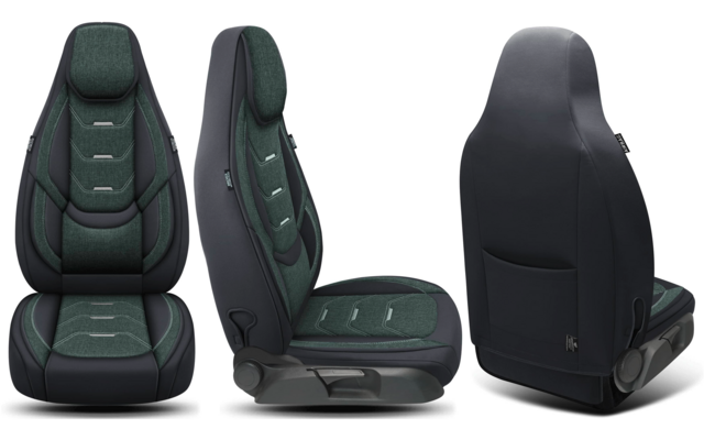 Drei Ansichten eines Autositzes: Vorder-, Seiten- und Rückansicht; grüner gepolsterter Bezug mit schwarzer Außenverkleidung, Kopfstütze, sichtbare Nähte und Tasche auf der Rückseite