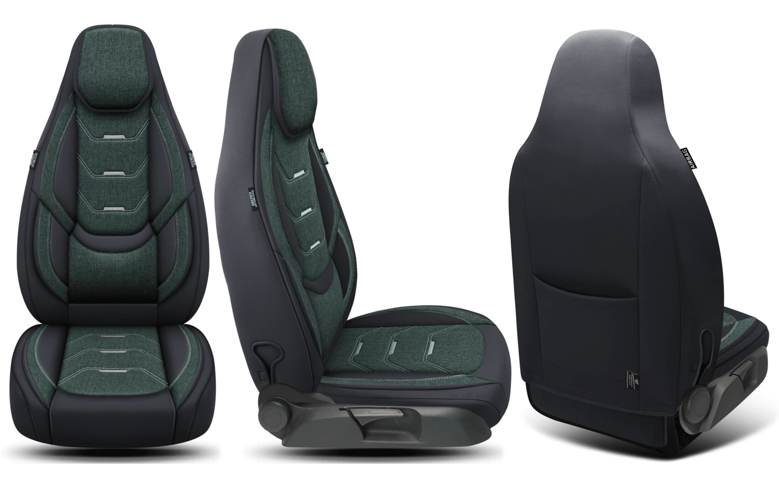 Drei Ansichten eines Autositzes: Vorder-, Seiten- und Rückansicht; grüner gepolsterter Bezug mit schwarzer Außenverkleidung, Kopfstütze, sichtbare Nähte und Tasche auf der Rückseite