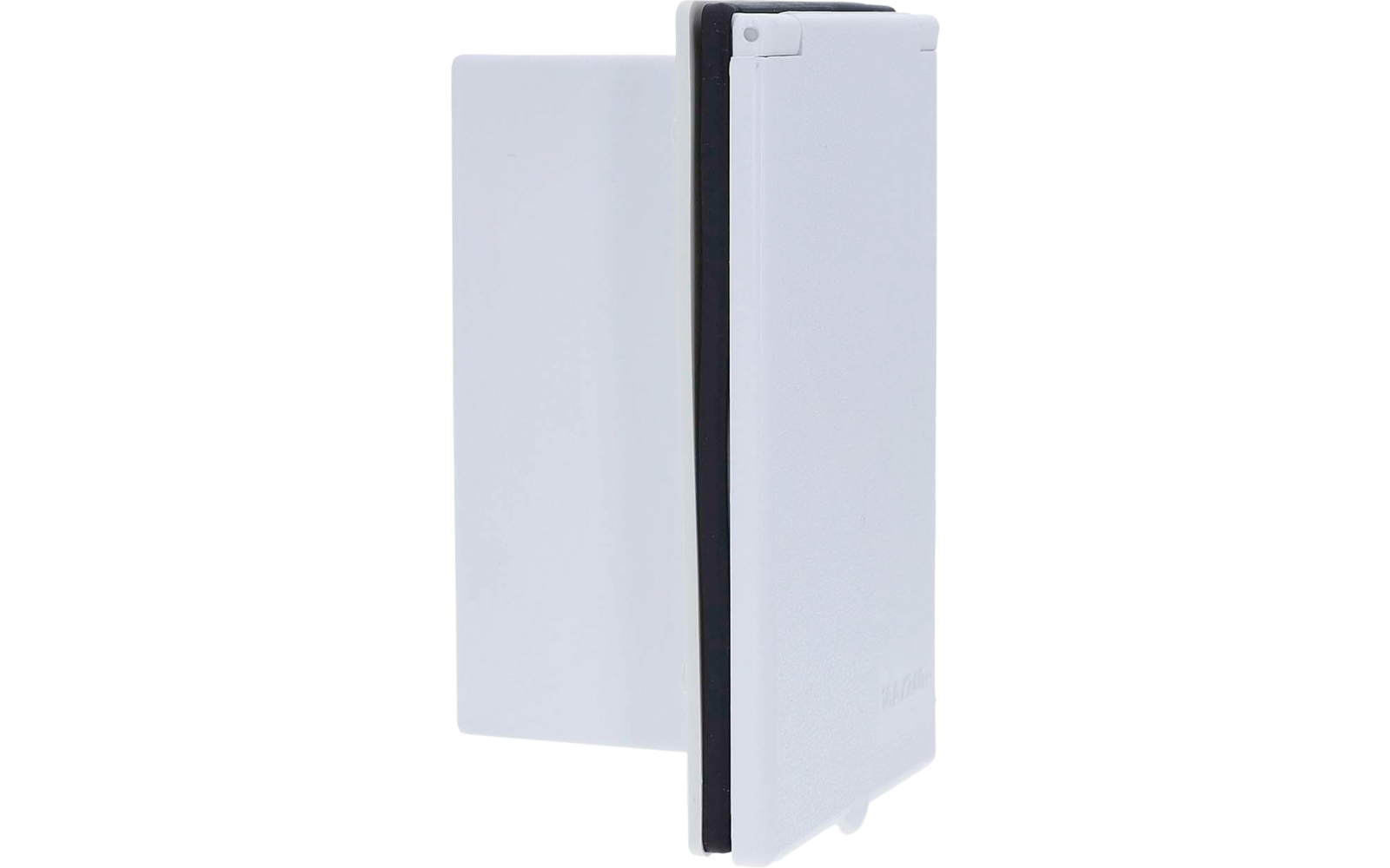 Weißes rechteckiges Gehäuse an der Wand mit leicht geöffneter Frontabdeckung und sichtbarer schwarzer Dichtung, Seitenansicht