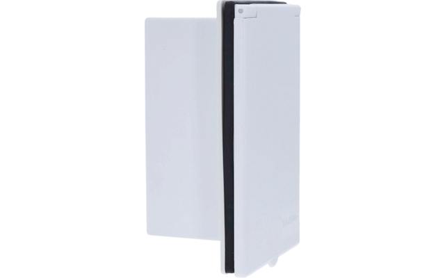 Weißes rechteckiges Gehäuse an der Wand mit leicht geöffneter Frontabdeckung und sichtbarer schwarzer Dichtung, Seitenansicht